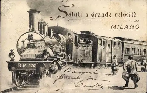 Passepartout Ak Milano Mailand Lombardia, Dampflok, Reiterdenkmal
