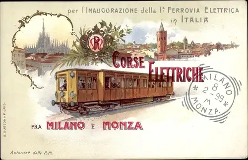 Litho Milano Mailand Lombardia, Inaugurazione della 1a Ferrovia Elettrica in Italia, Milano e Monza