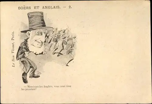 Ak Boers et Anglais, Messieurs les anglais, vous vous tirez les premiers, Ohm Krüger, Burenkrieg