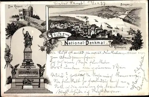 Litho Rüdesheim am Rhein in Hessen, Niederwalddenkmal, Bingen, Rossel