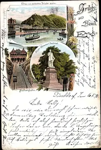 Ak Bad Ems an der Lahn, Malbergbahnm Kaiser Wilhelm Denkmal