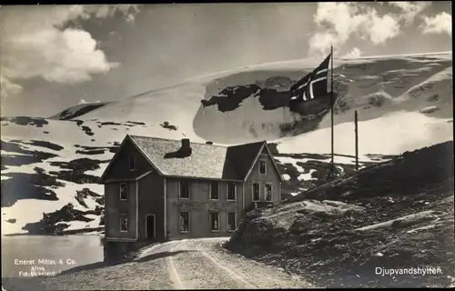 Ak Norwegen, Djupvandshytten, Gebäude, Fahne