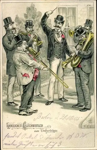 Litho Glückwunsch Geburtstag, Musizierende Männer