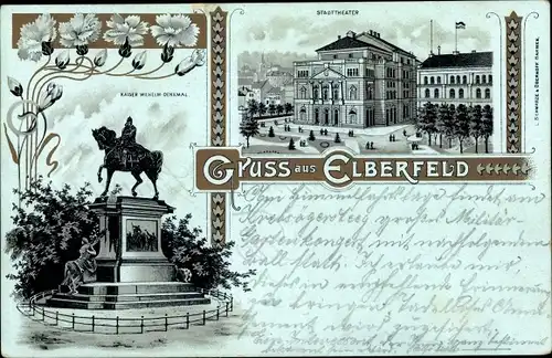 Litho Elberfeld Wuppertal in Nordrhein Westfalen, Kaiser Wilhelm Denkmal, Stadttheater
