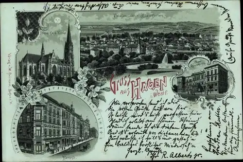 Mondschein Litho Hagen in Westfalen, Realgymnasium, Kampstraße, Kirche, Totalansicht