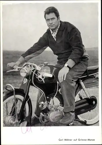 Ak Schauspieler und Maler Carl Möhner, Gritzner Monza Motorrad, Portrait, Autogramm