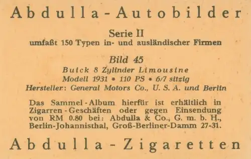 Sammelbild Abdulla Autobilder, Serie II Bild 45 Buick 8 Zylinder Limousine