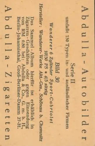Sammelbild Abdulla-Autobilder Serie II Bild 30 Wanderer 6 Zylinder Sport-Cabriolet
