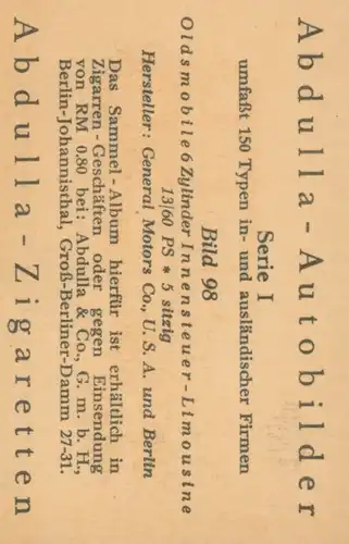 Sammelbild Abdulla-Autobilder Serie I Bild 98 Oldsmobile 6 Zylinder Innensteuer-Limousine
