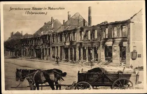Ak Olsztynek Hohenstein Ostpreußen, Zerschossene Häuser, I. WK