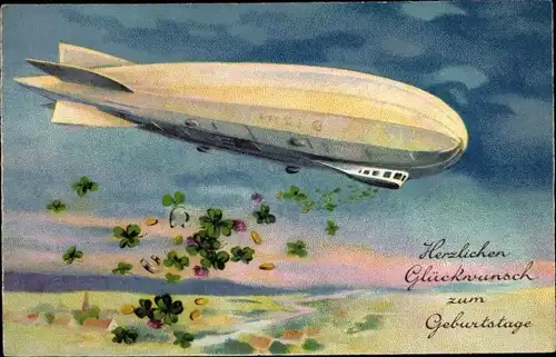 Ak Glückwunsch Geburtstag, Zeppelin wirft Kleeblätter ab, Münzen