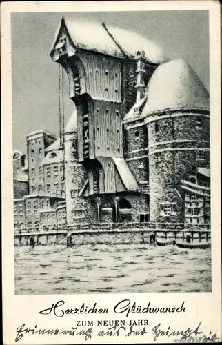 Künstler Ak Kreisel, Paul, Gdańsk Danzig, Glückwunsch Neujahr, Krantor, Schnee