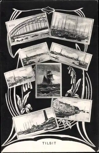 Ak Sowjetsk Tilsit Ostpreußen, Stadtansichten, Segelschiff, Brücke, Hafen