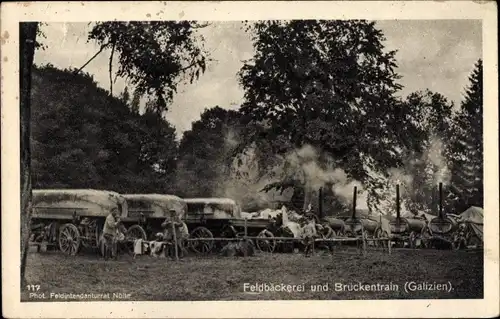 Ak Feldbäckerei und Brückentrain, Galizien, I WK