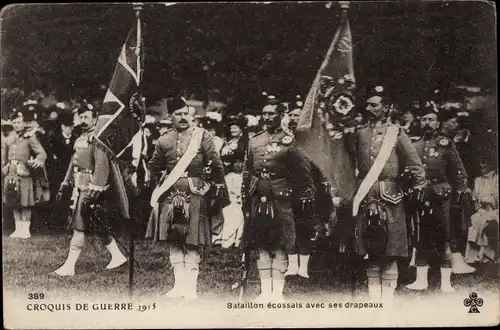 Ak War Sketch 1915, Schottisches Bataillon mit seinen Flaggen