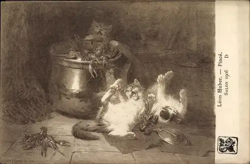 Künstler Ak Huber, Leon, Katzen werden von Hummern gezwickt, Kochtopf