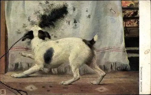 Künstler Ak Hund mit Ofenbesen, Tuck