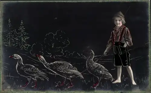 Ak Junge und Gänse, Gänsehirt