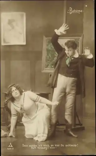 Ak Theaterszene, Schauspieler, Liebespaar, Gemälde, Dein schäm' ich mich, so bist du schlecht