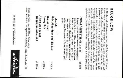 Ak Sänger Bruce Low, Portrait, Ariola-Schallplatten, Autogramm