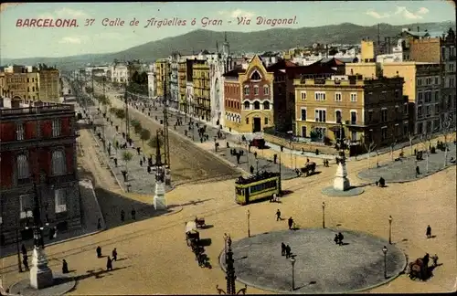 Ak Barcelona Katalonien Spanien, Calle de Argüelles o Gran, Vue Diagonal, Straßenbahn