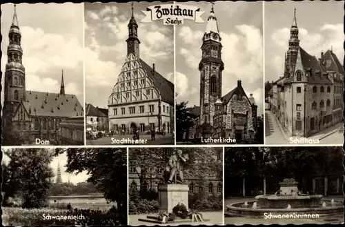 Ak Zwickau Sachsen, Dom, Stadttheater, Lutherkirche, Schiffhaus, Denkmal, Springbrunnen