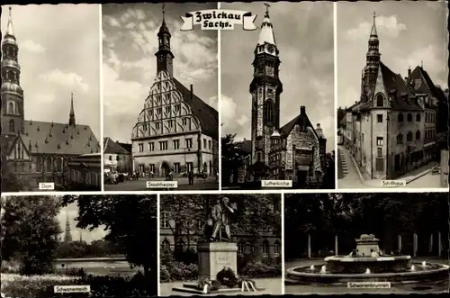 Ak Zwickau Sachsen, Dom, Stadttheater, Lutherkirche, Schiffhaus, Denkmal, Springbrunnen