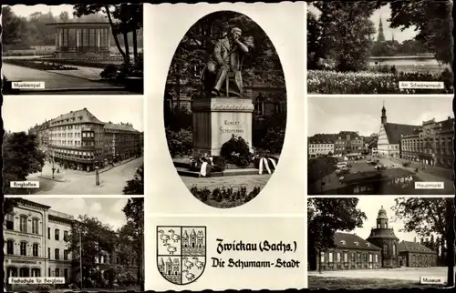 Ak Zwickau in Sachsen, Dom, Schwanenteich, Robert-Schumann-Denkmal, Hauptmarkt, Museum