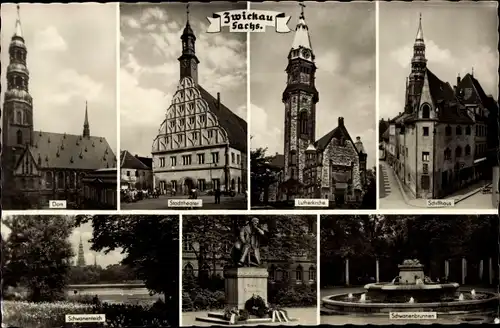 Ak Zwickau Sachsen, Dom, Stadttheater, Lutherkirche, Schiffhaus, Denkmal, Springbrunnen