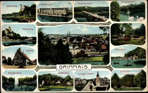 Ak Grimma in Sachsen, Gattersburg, Fürstenschule, Rathaus, Muldenbrücke, Nimbschen