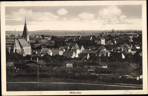 Ak Milovice nad Labem Milowitz Mittelböhmen, Totalansicht, Kirche