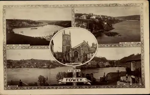 Ak Fowey Cornwall England, Polruan, Blick vom Schloss, Pfarrkirche