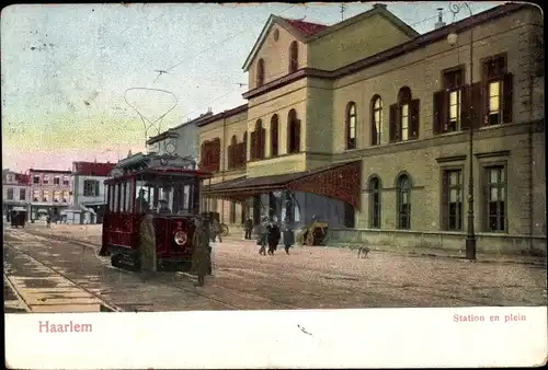 Ak Haarlem Nordholland Niederlande, Bahnhof, Straßenbahn