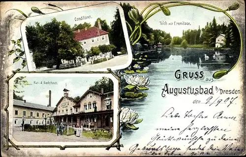 Ak Liegau Augustusbad Radeberg, Konditorei, Teich mit Eremitage, Kurhaus