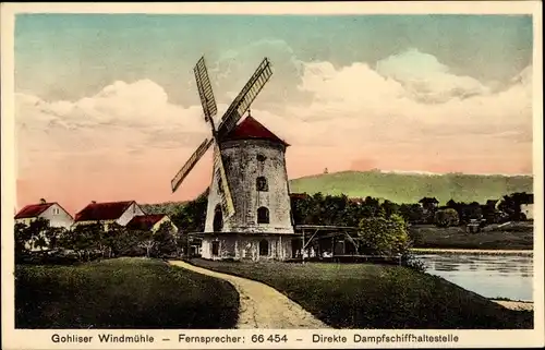 Ak Dresden Gohlis, Gohliser Windmühle, Dampfschiffhaltestelle