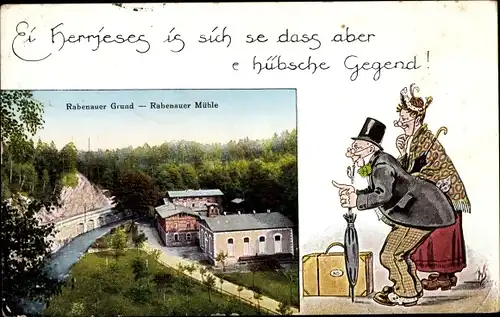 Ak Rabenau im Erzgebirge, Rabenauer Mühle im Rabenauer Grund, Reisende, Fritze Bliemchen