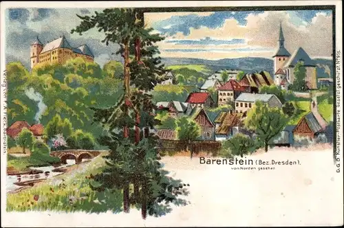 Litho Bärenstein Altenberg im Erzgebirge, Gesamtansicht von Norden, Kirche, Schloss