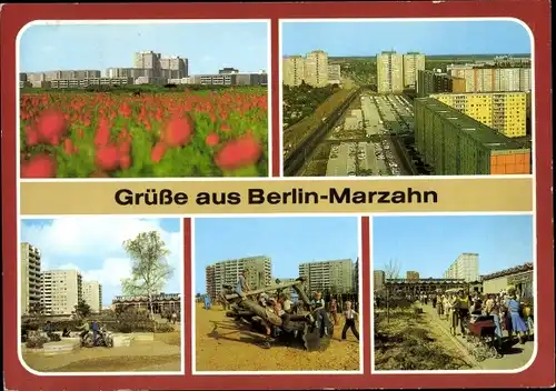 Ak Berlin Marzahn, Spielplatz, Wohnblöcke, Parkplatz, Passanten