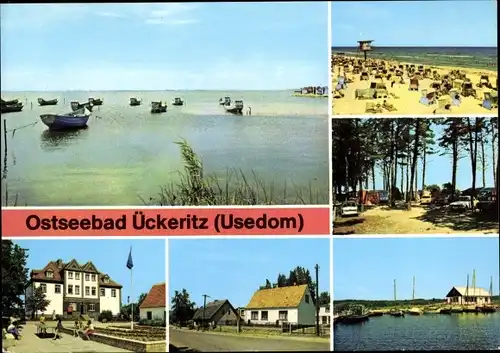 Ak Ostseebad Ückeritz auf Usedom, Strand, Campingplatz, Achterwasser, Bootshafen, POS E. Thälmann