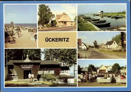 Ak Ückeritz Insel Usedom, Strand, Ratscafé, Bootshafen, Café Fischerhütte, Kurplatz