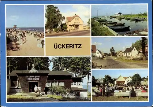 Ak Ückeritz Insel Usedom, Strand, Ratscafé, Bootshafen, Café Fischerhütte, Kurplatz