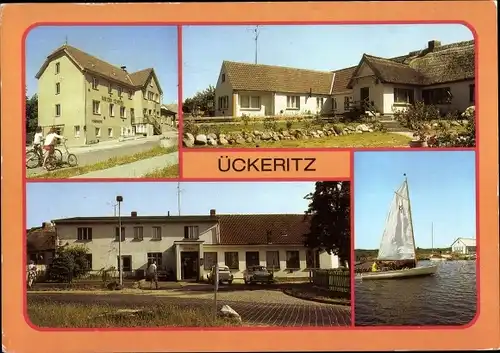 Ak Ückeritz Insel Usedom an der Ostsee, Rat der Gemeinde, Gaststätte Deutsches Haus, Bootshafen DAV