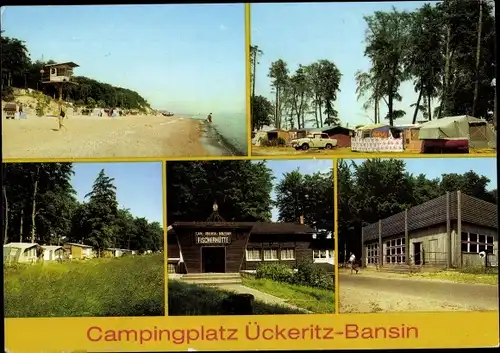 Ak Ostseebad Ückeritz auf Usedom, Campingplatz Ückeritz Bansin, Fischerhütte, Gaststätte Meeresblick