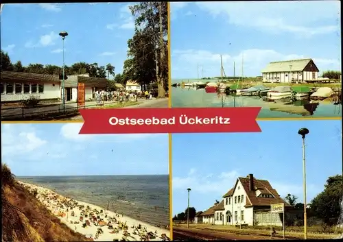 Ak Ostseebad Ückeritz auf Usedom, Kaufhalle, Bootshafen, Bahnhof, Steilküste