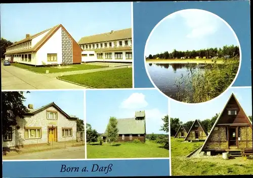 Ak Born auf dem Darß, Schulungsheim VEB BMK Ost, Campingplatz, Badestrand, Dorfkirche