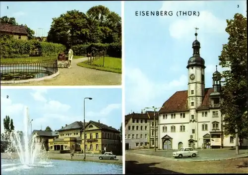 Ak Eisenberg in Thüringen, Schlossgarten, Platz der Republik, Brunnen, Rathaus