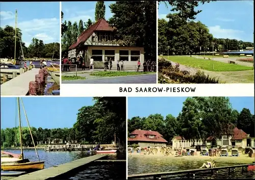 Ak Bad Saarow Pieskow in der Mark, HOG Pechhütte, Strandbad, Erich Weinert Platz, Bootsanlegestelle