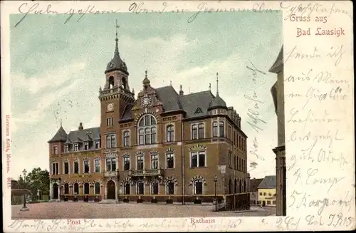 Ak Bad Lausick in Sachsen, Post und Rathaus, Uhrenturm