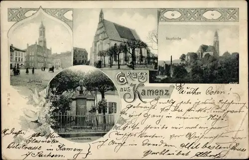 Ak Kamenz in Sachsen, Rathaus, Hauptkirche, Wendische Kirche, Lessing-Denkmal