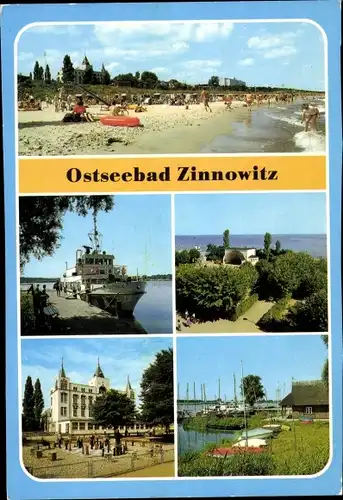 Ak Ostseebad Zinnowitz Usedom, MS Seeschwalbe, Hafen am Achterwasser, Ferienheim IG Wismut